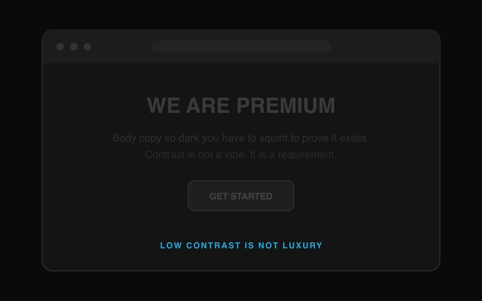 Dark marketing site mockup with nearly unreadable low-contrast text
