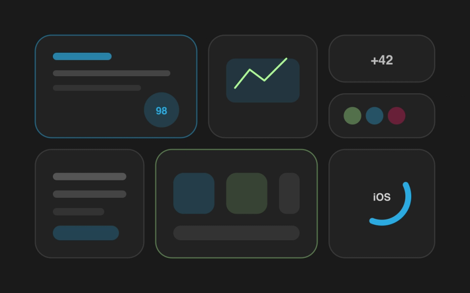 SaaS dashboard made of rounded bento-grid tiles like an iOS home screen