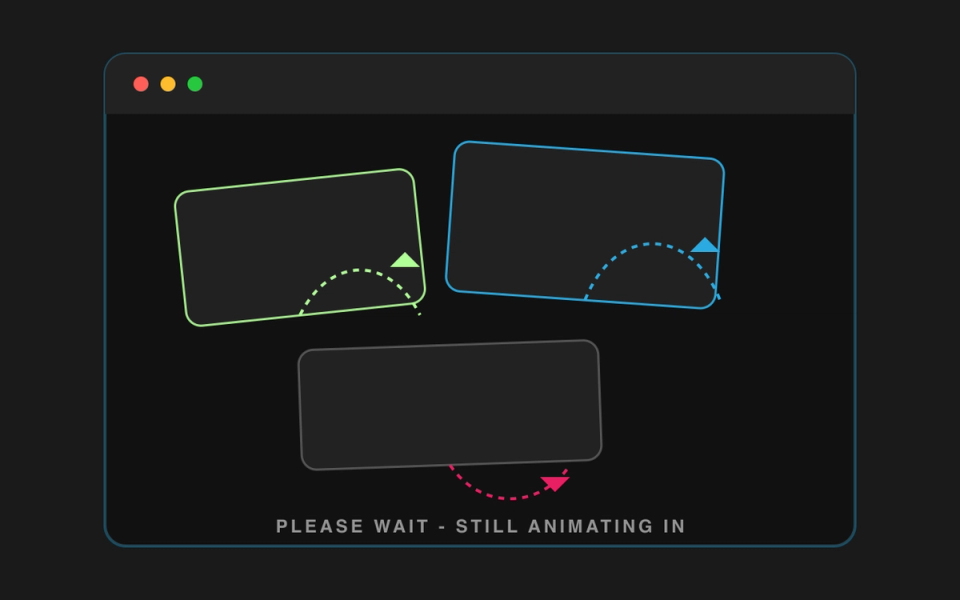 Browser with cards bouncing in via overdone scroll and hover animations