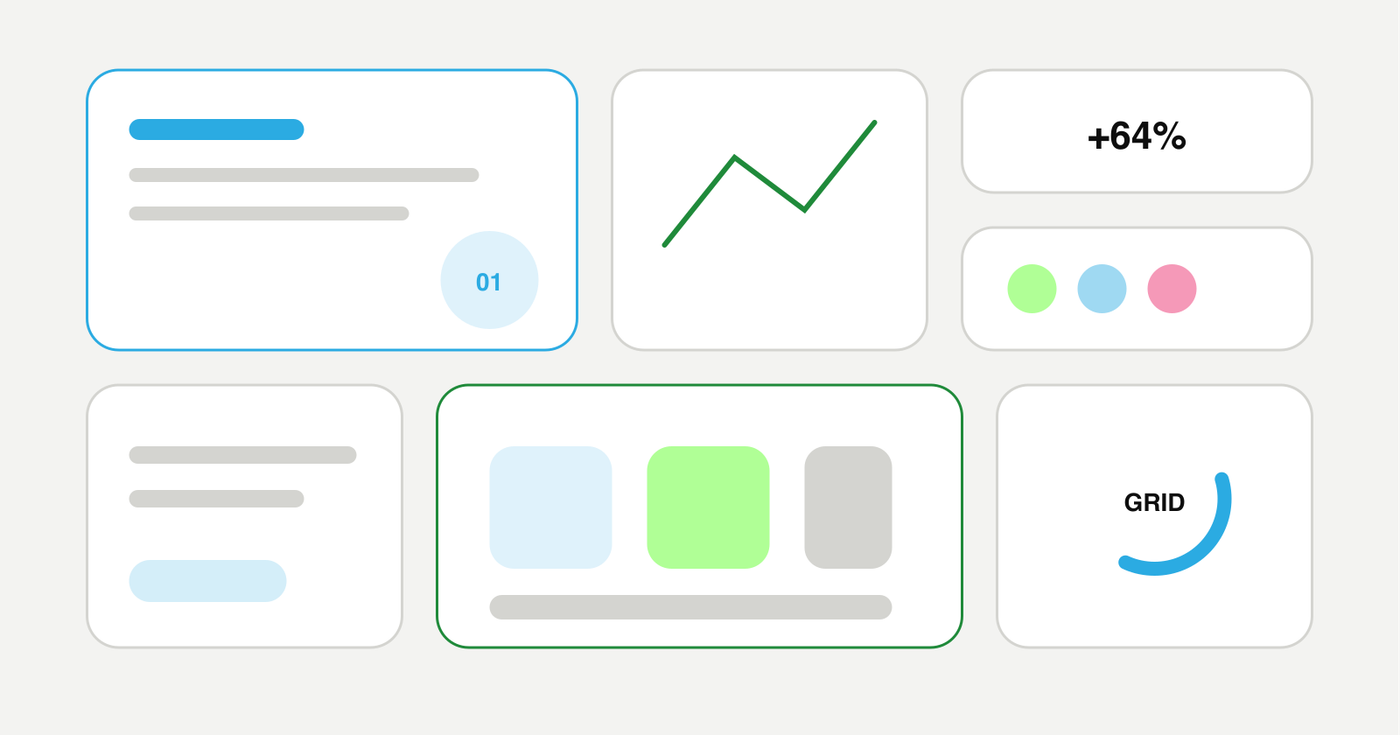 Asymmetrical bento grid of feature cards in varying sizes