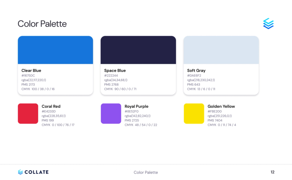 Collate color palette: Clear Blue, Space Blue, Soft Gray, plus accents