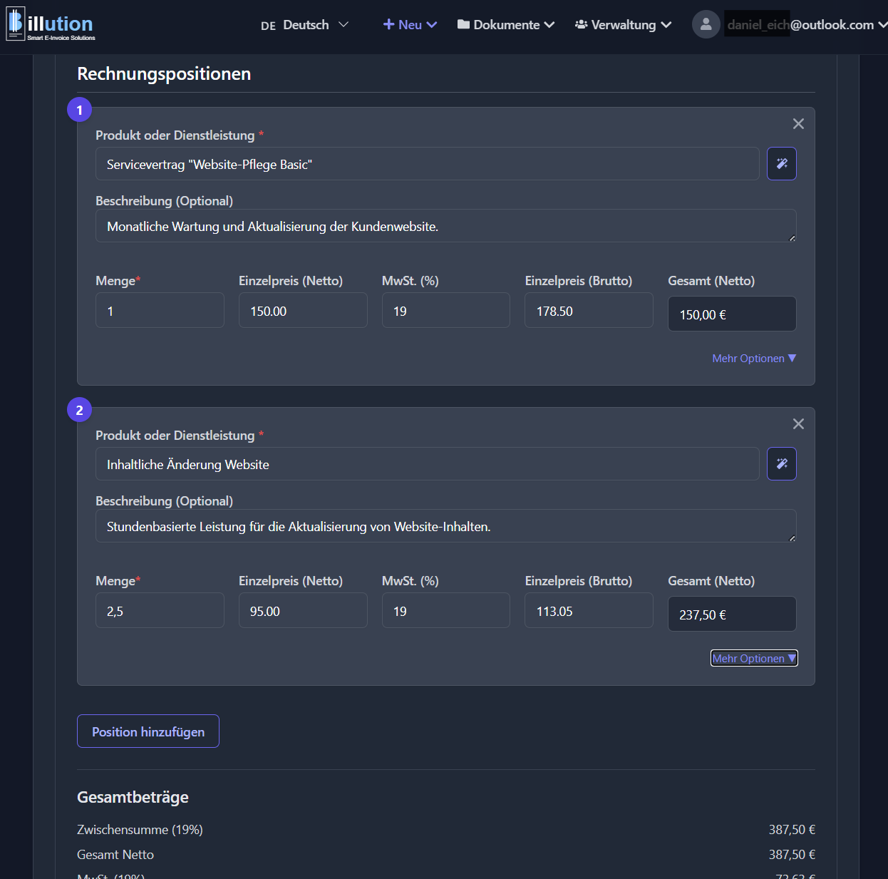 Rechnungserstellung – Formular mit Positionen