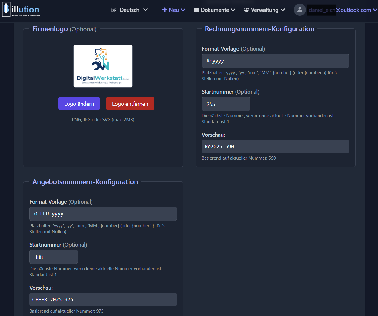 Rechnungsnummer-Format mit Platzhaltern