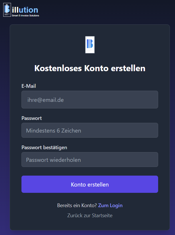 Registrierungsformular Billution