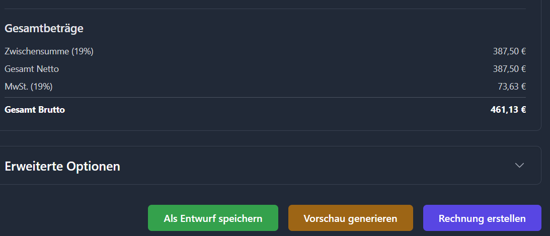 Rechnungsvorschau in Billution