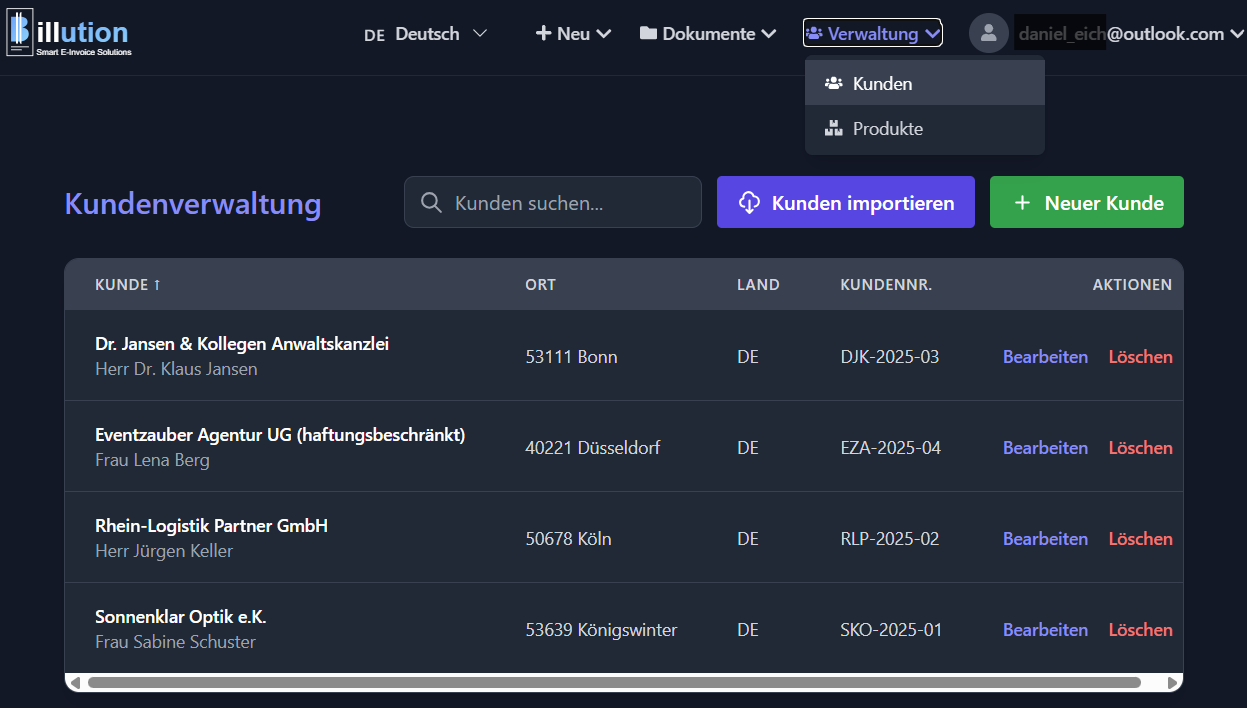 Kundenformular in Billution
