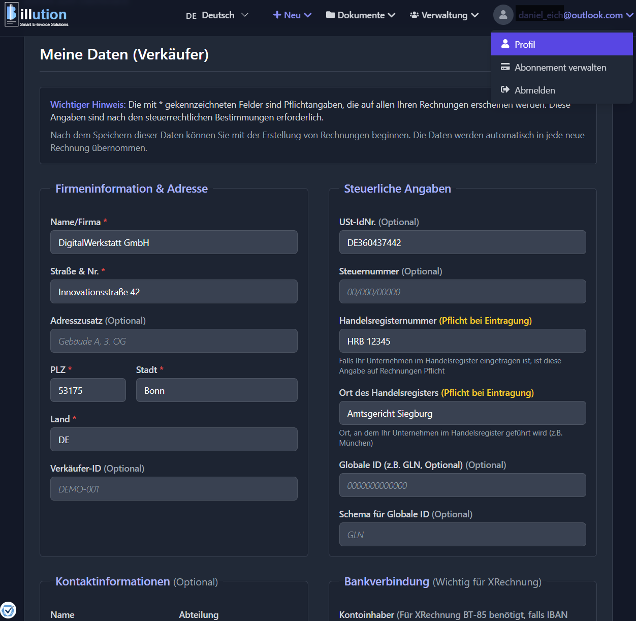 Unternehmensdaten-Formular in Billution