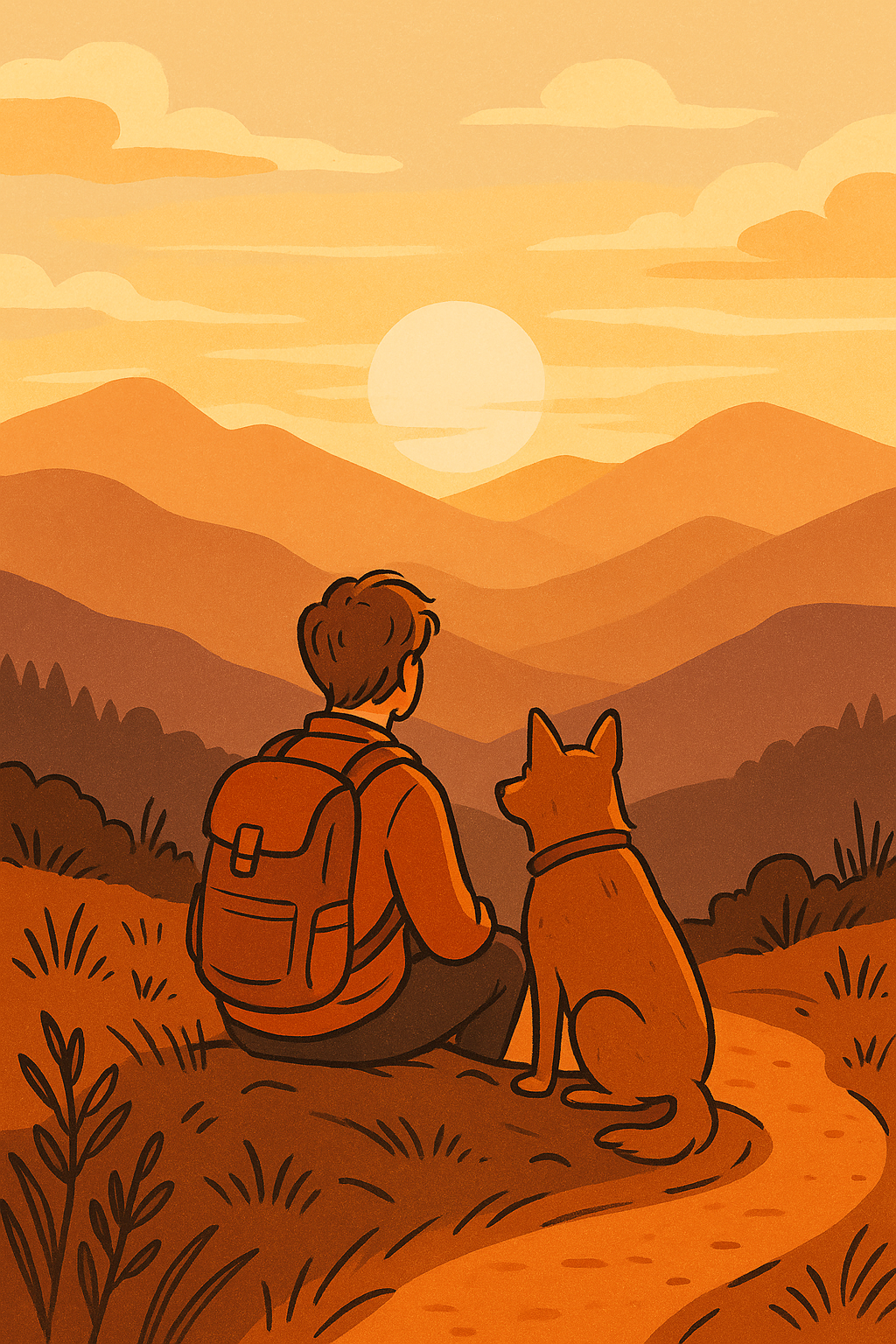 An illustrated traveller sitting beside their dog on a mountain trail at sunset, looking over orange-tinted hills — symbolizing pet-friendly adventure and companionship.