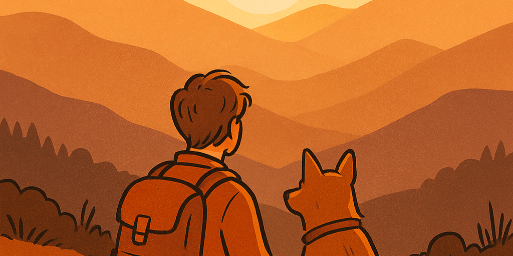 An illustrated traveller sitting beside their dog on a mountain trail at sunset, looking over orange-tinted hills — symbolizing pet-friendly adventure and companionship.