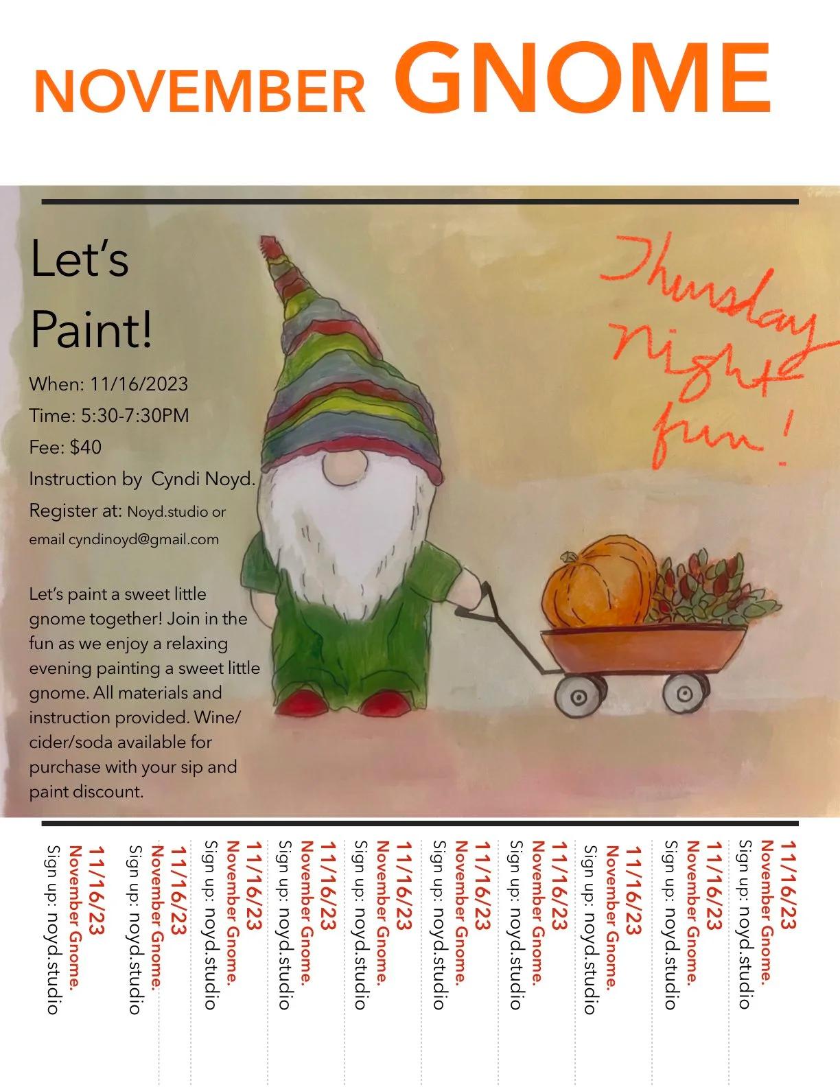 November Gnome 11/16/23- Thursday Night Fun! 5:30 start at Off The Hill Tasting Room at Pybus Market!
