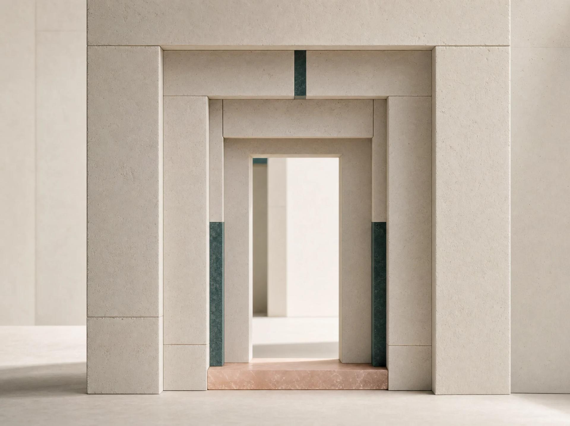 Nested mineral gateways aligned by a continuous teal seam toward a clear opening.