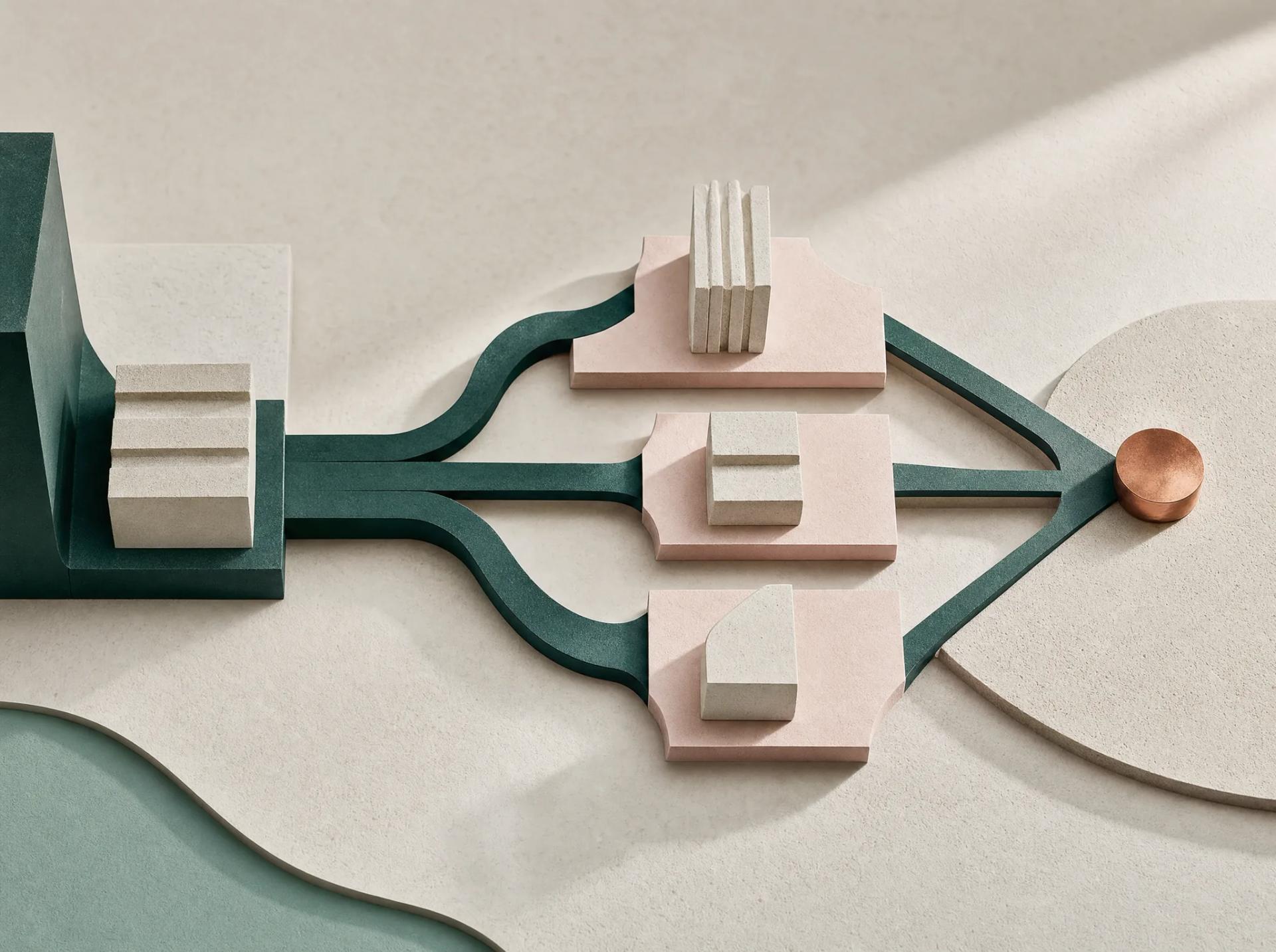 Teal channels joining campaign inputs, a blush message platform, and one copper outcome point.