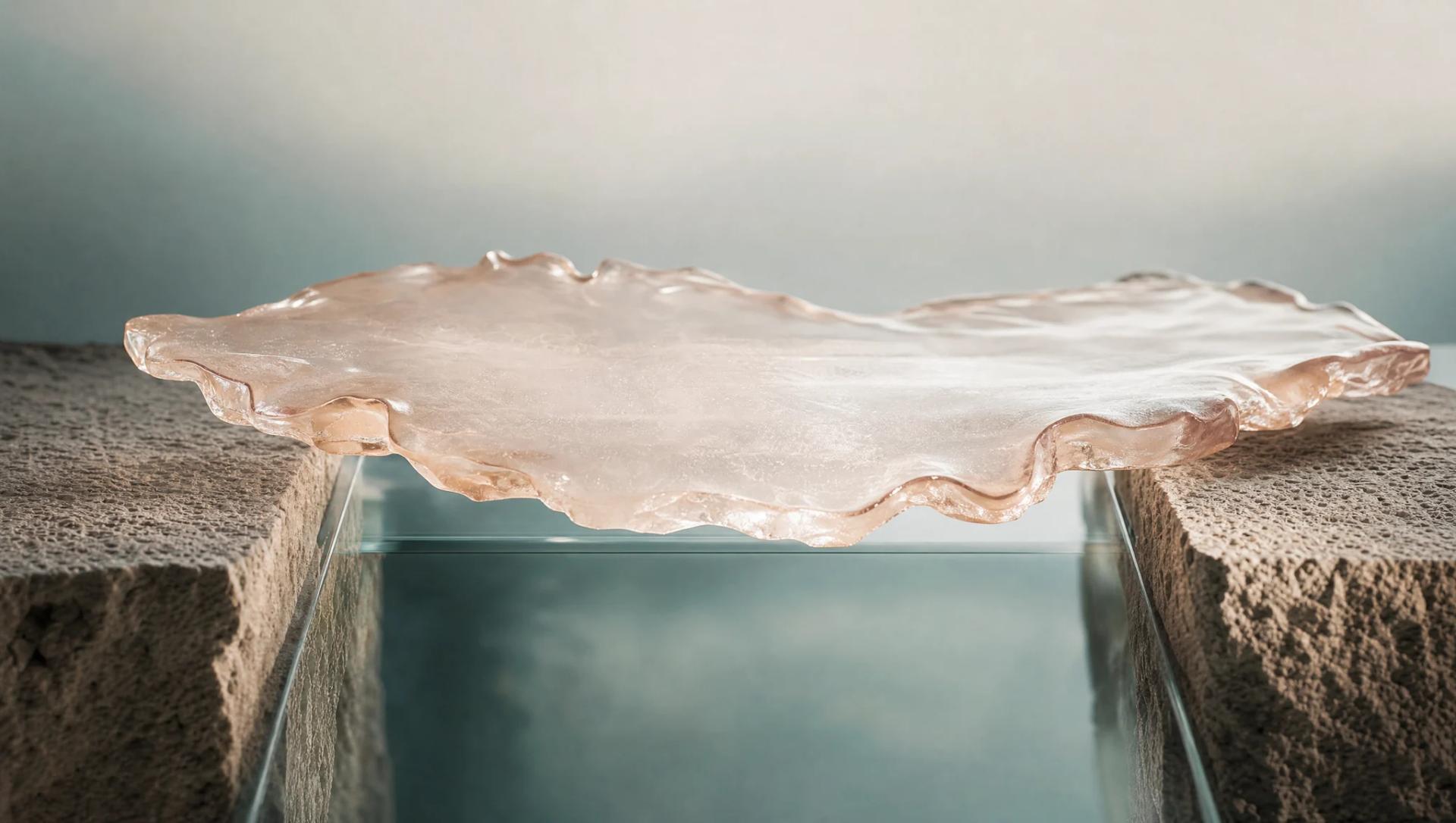 A translucent blush bridge spanning a deep teal gap between two rough mineral edges.
