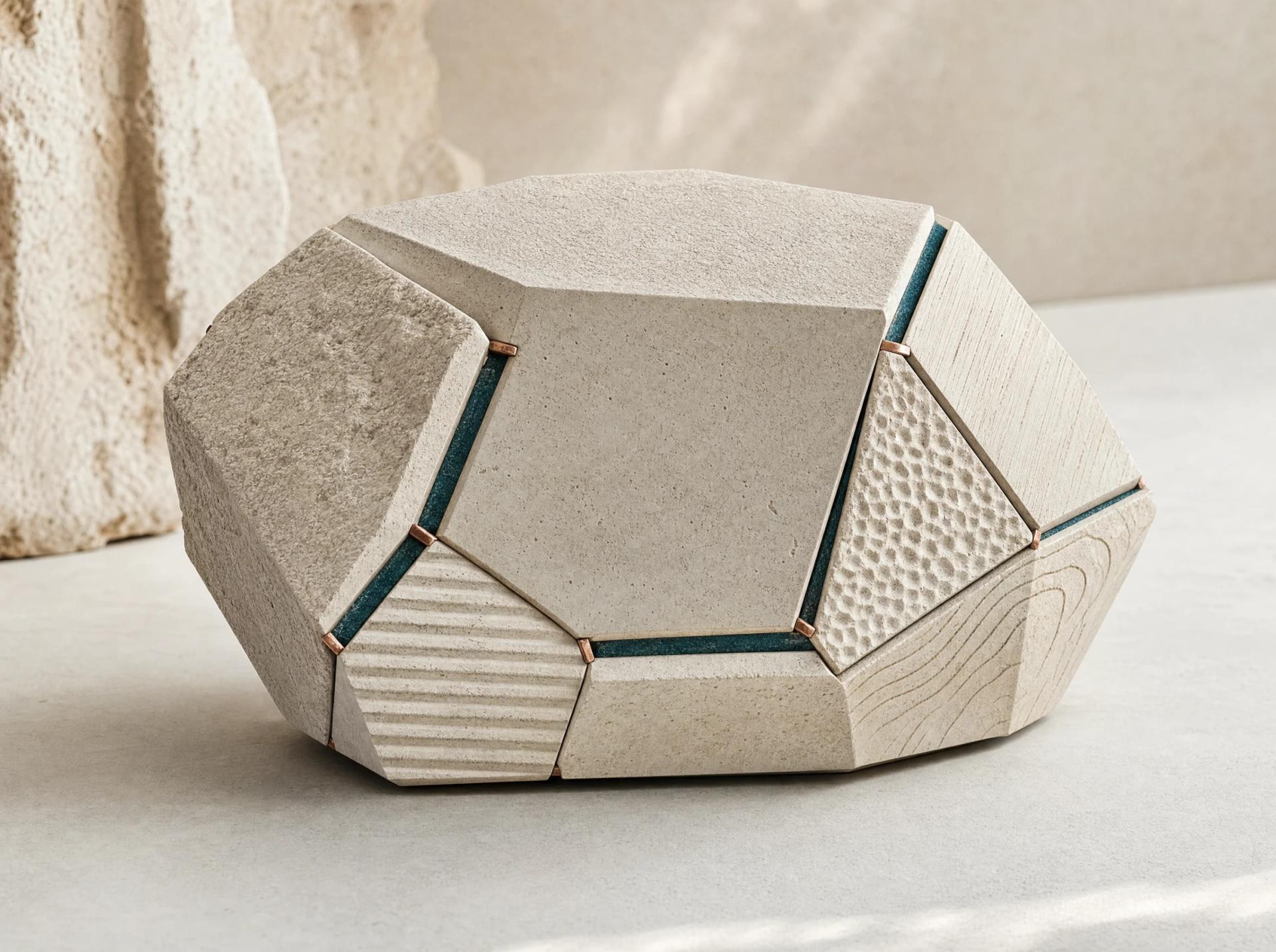 A ten-facet limestone object whose different faces reveal the same internal teal core.