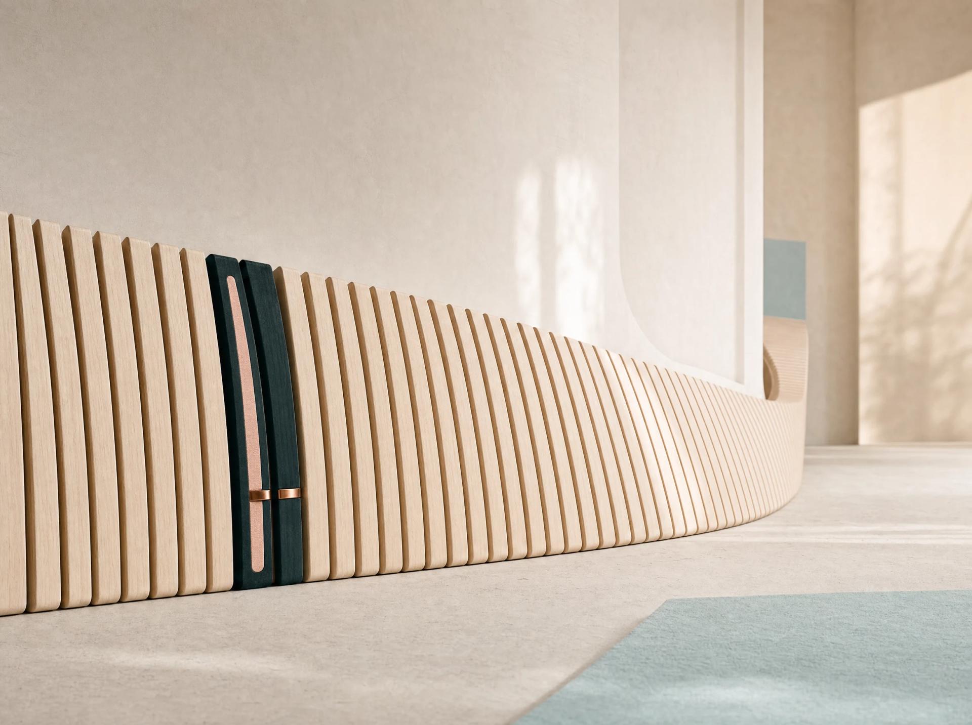 Two dark-teal slats with blush and copper inlay interrupt a long sequence of pale curved timber slats.
