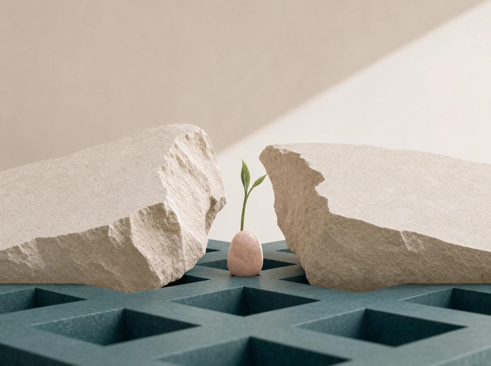 A small green shoot emerging between split mineral blocks above a structured teal foundation.