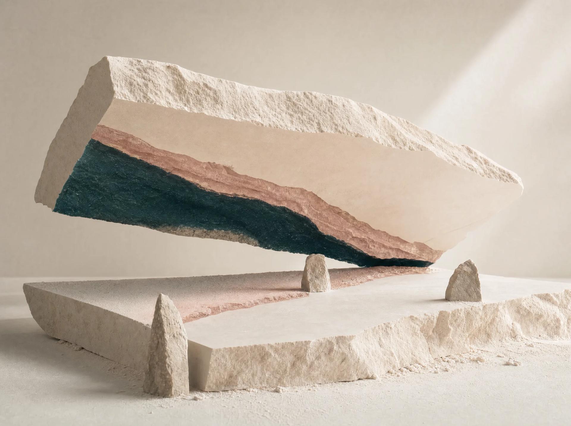 Separated mineral layers exposing a dark performance seam between promise and delivery.