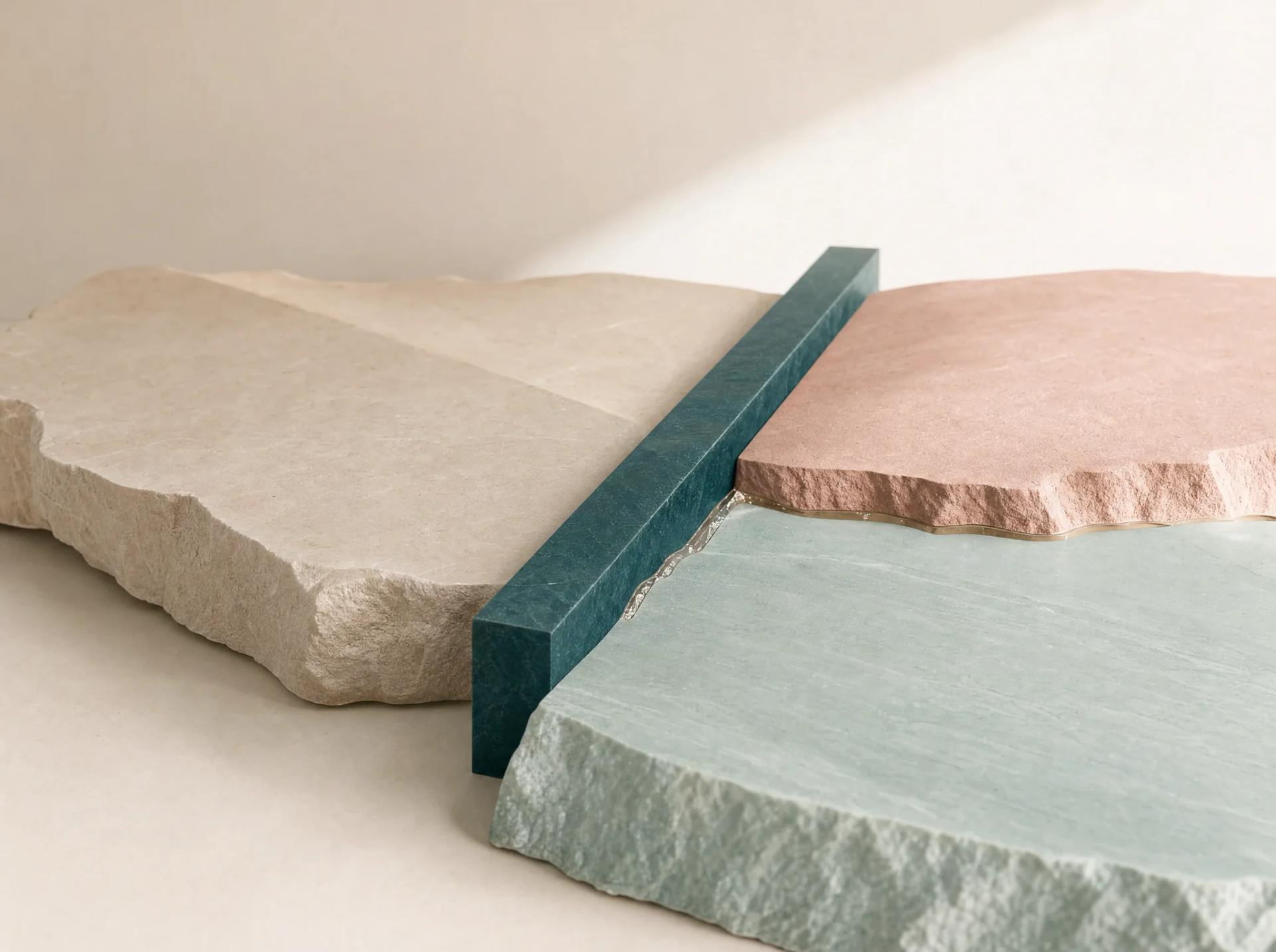 Cream, blush, and mist-blue mineral planes joined by one decisive teal strategic axis.