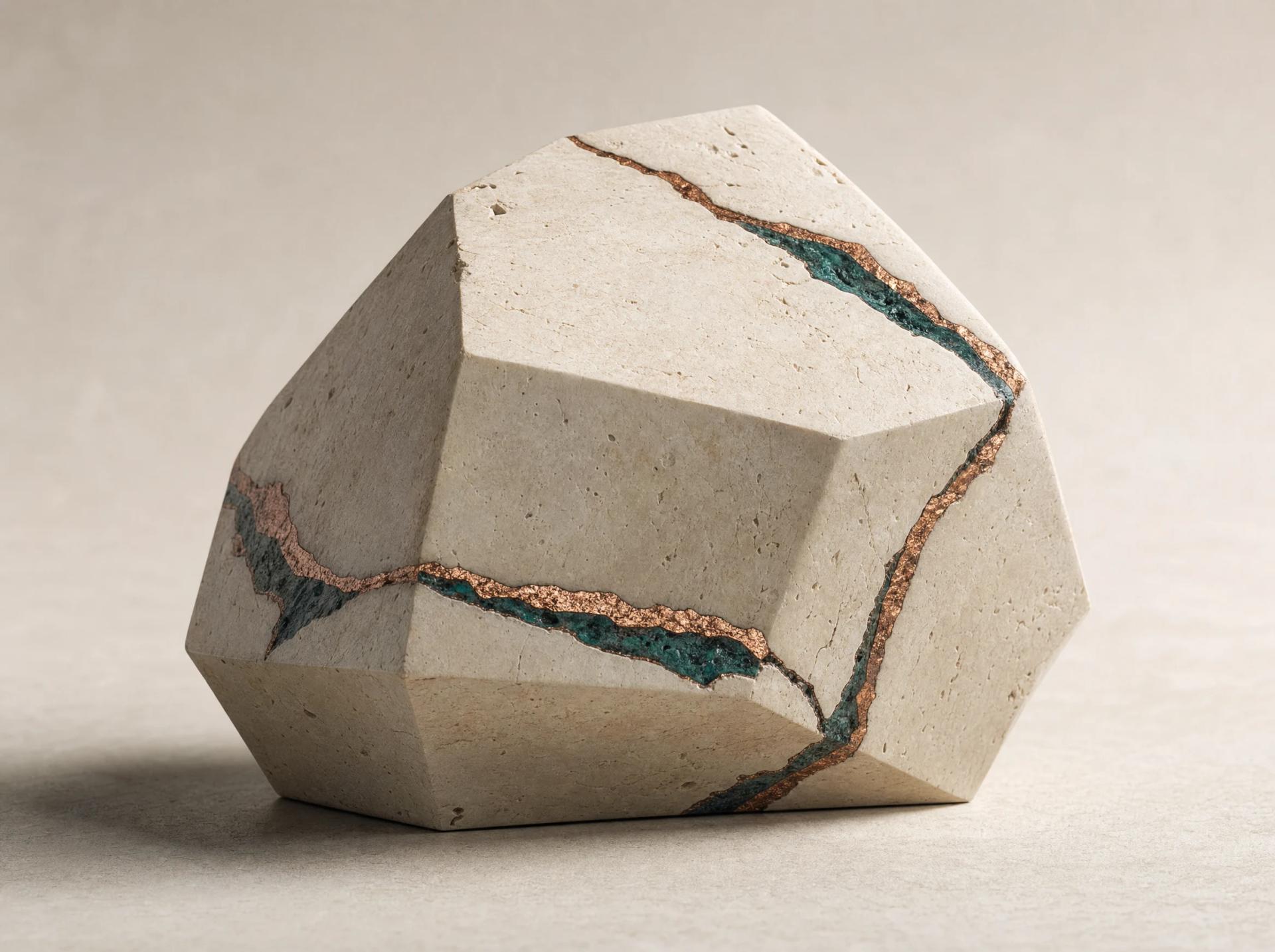 A carved limestone prism whose cut faces reveal one continuous copper evidence vein.