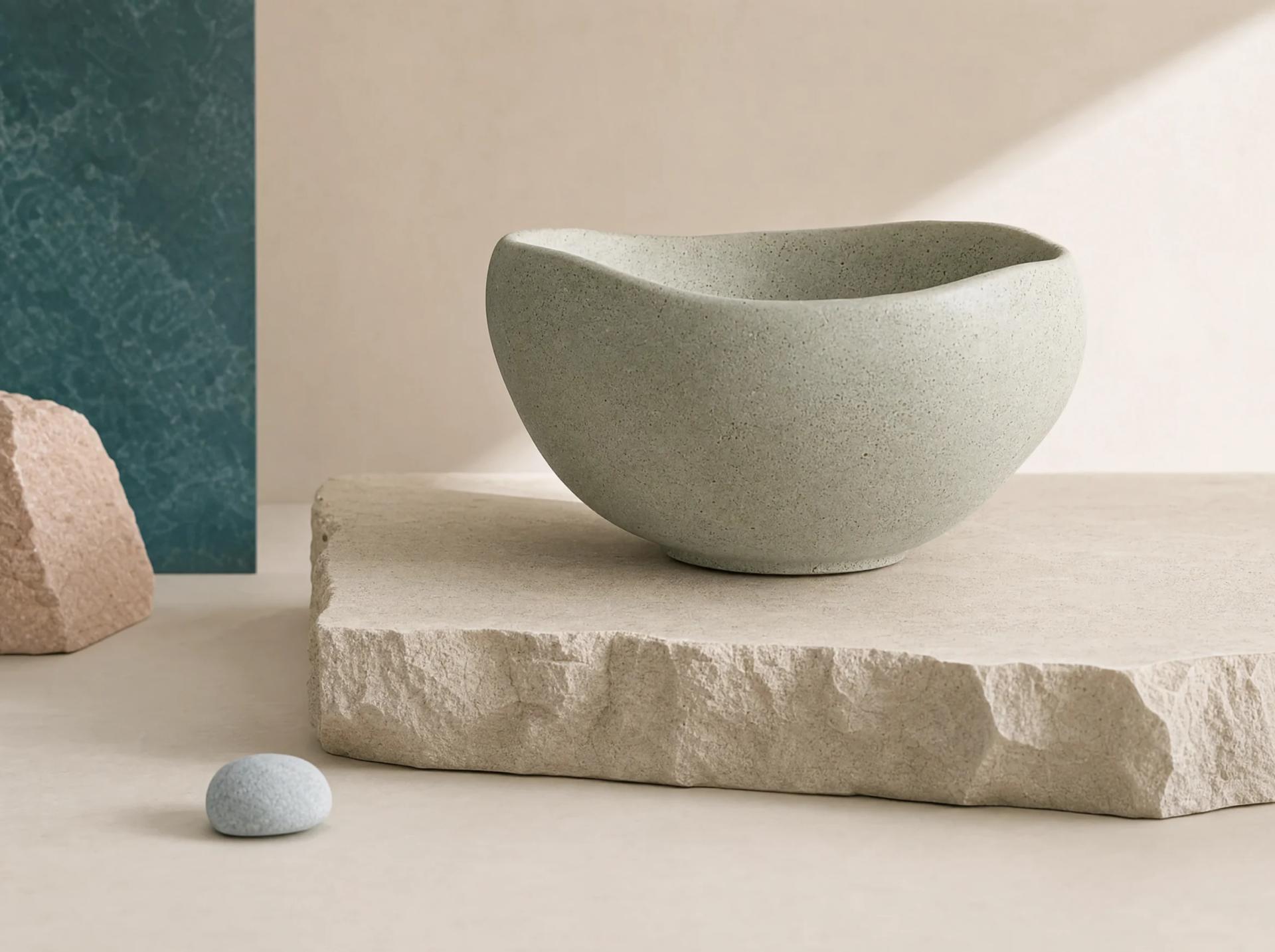 A restrained green vessel balanced on a rough pale plinth with one mist-blue material sample.