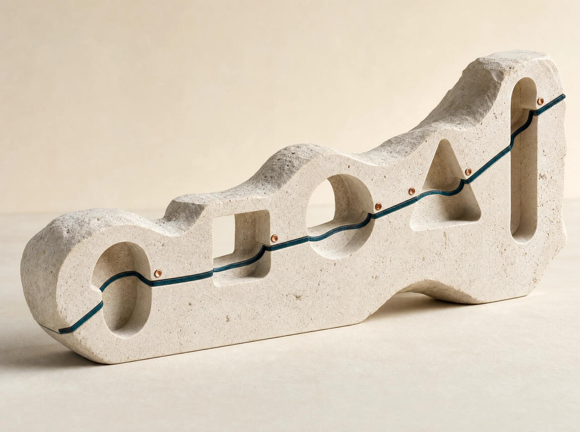 A continuous limestone channel passing through five differently shaped accessible apertures.