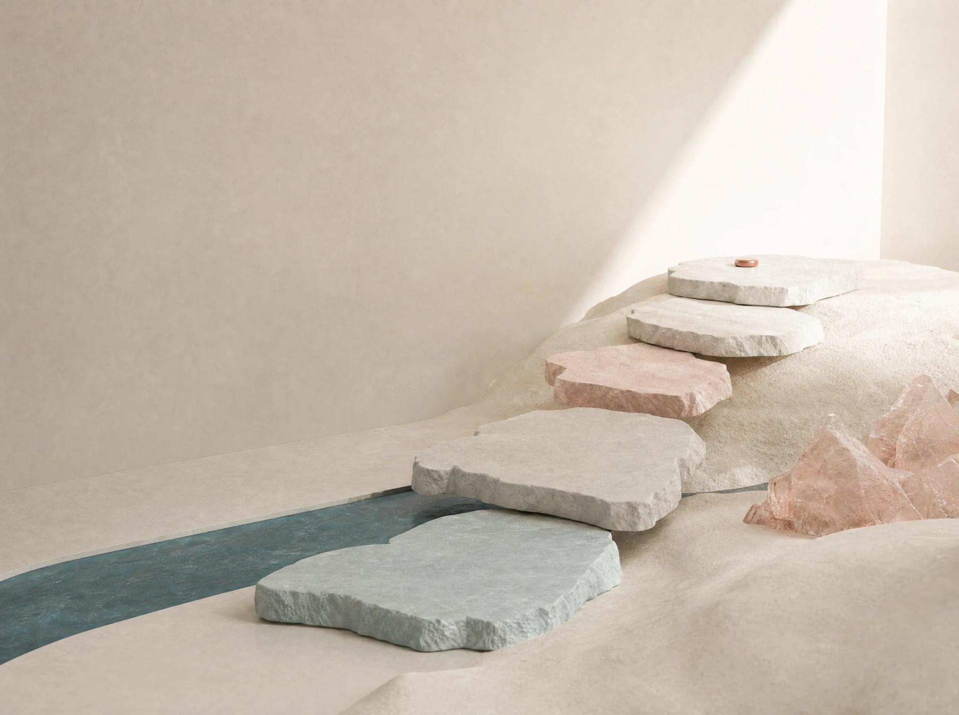 A rising sequence of tactile cream, blush, and mist-blue steps on a grounded teal line.