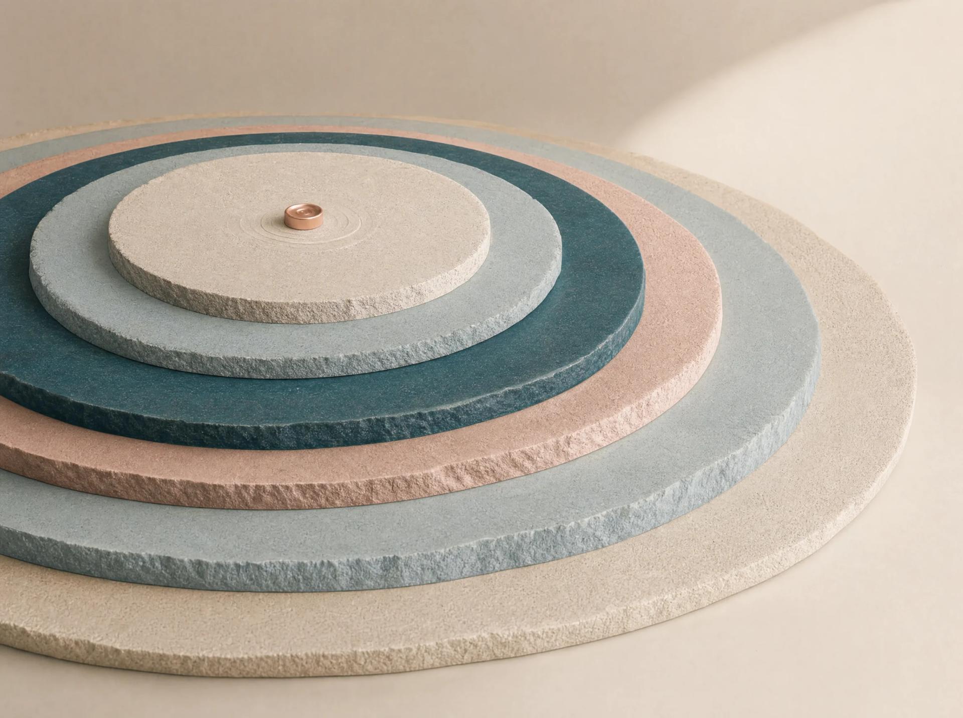 Concentric tactile fields in cream, mist blue, blush, and teal radiating from one copper point.