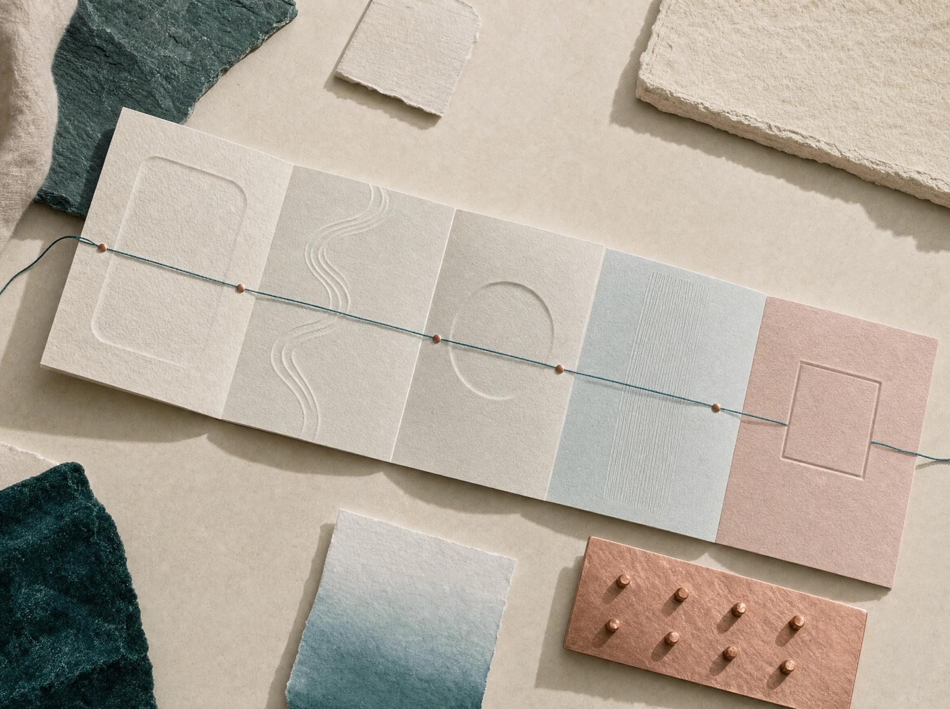 Teal thread passes through five distinct embossed paper stages, with copper markers punctuating the route.