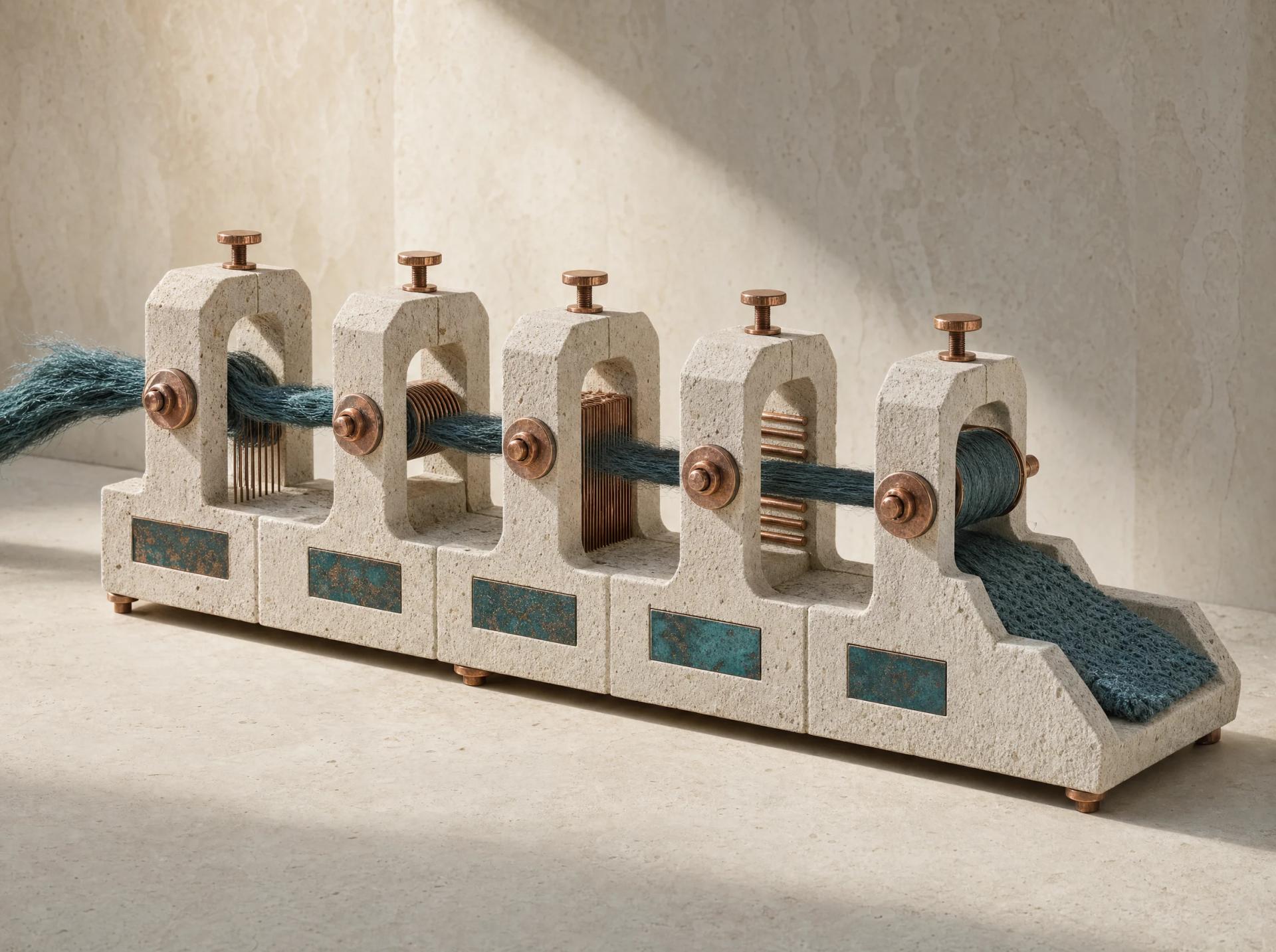 A mineral loom holding one continuous thread through five tensioned stages into a finished sheet.
