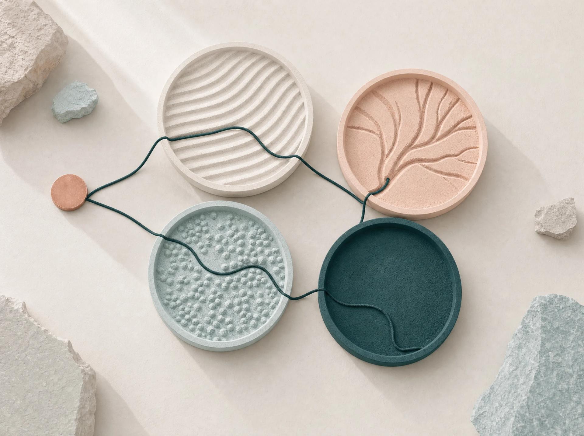 Teal cord from a copper origin connects four differently textured cream, blush, blue and forest circular fields.