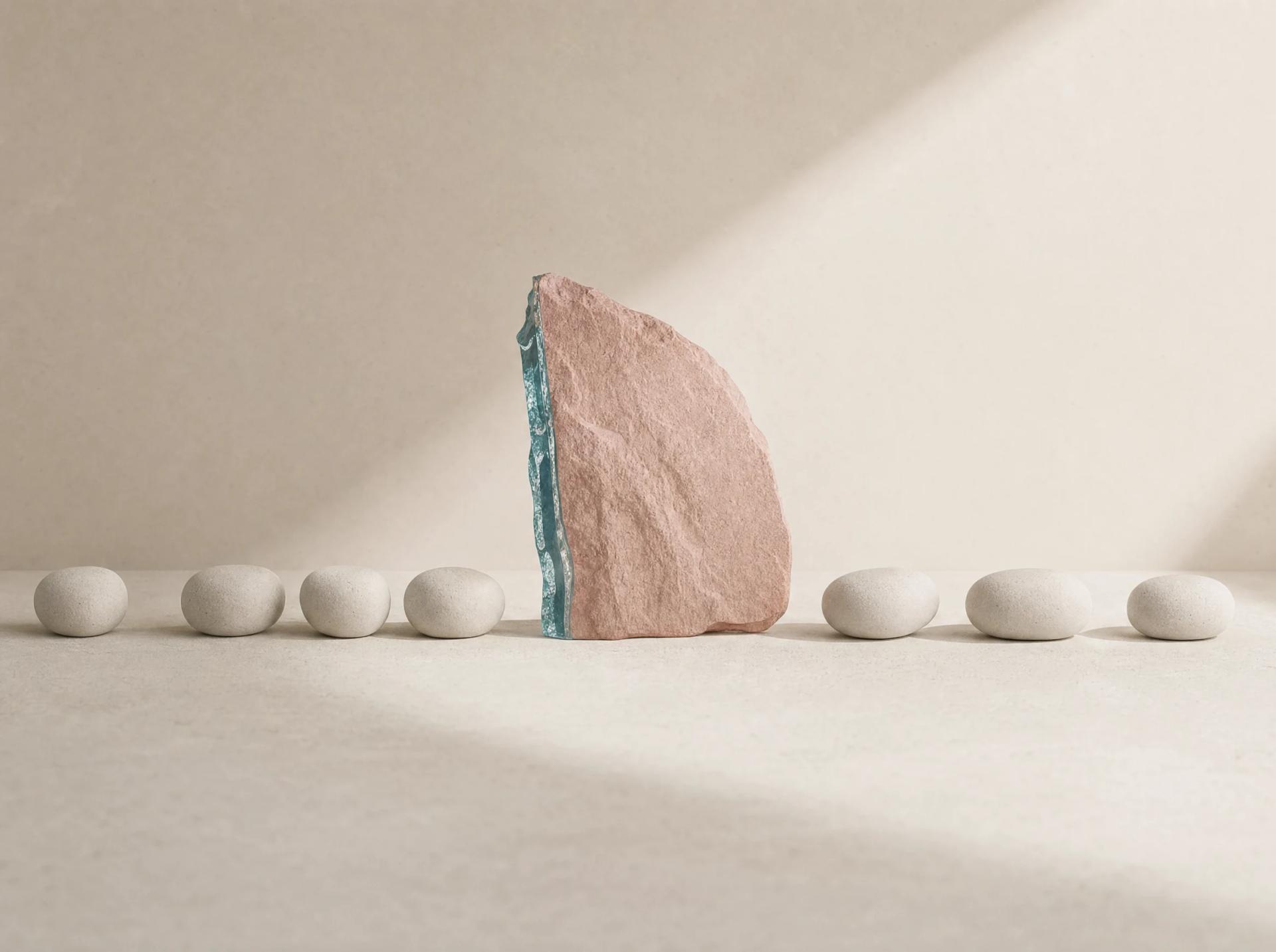One tall blush mineral shard with a teal edge distinguished from a line of quiet pale forms.