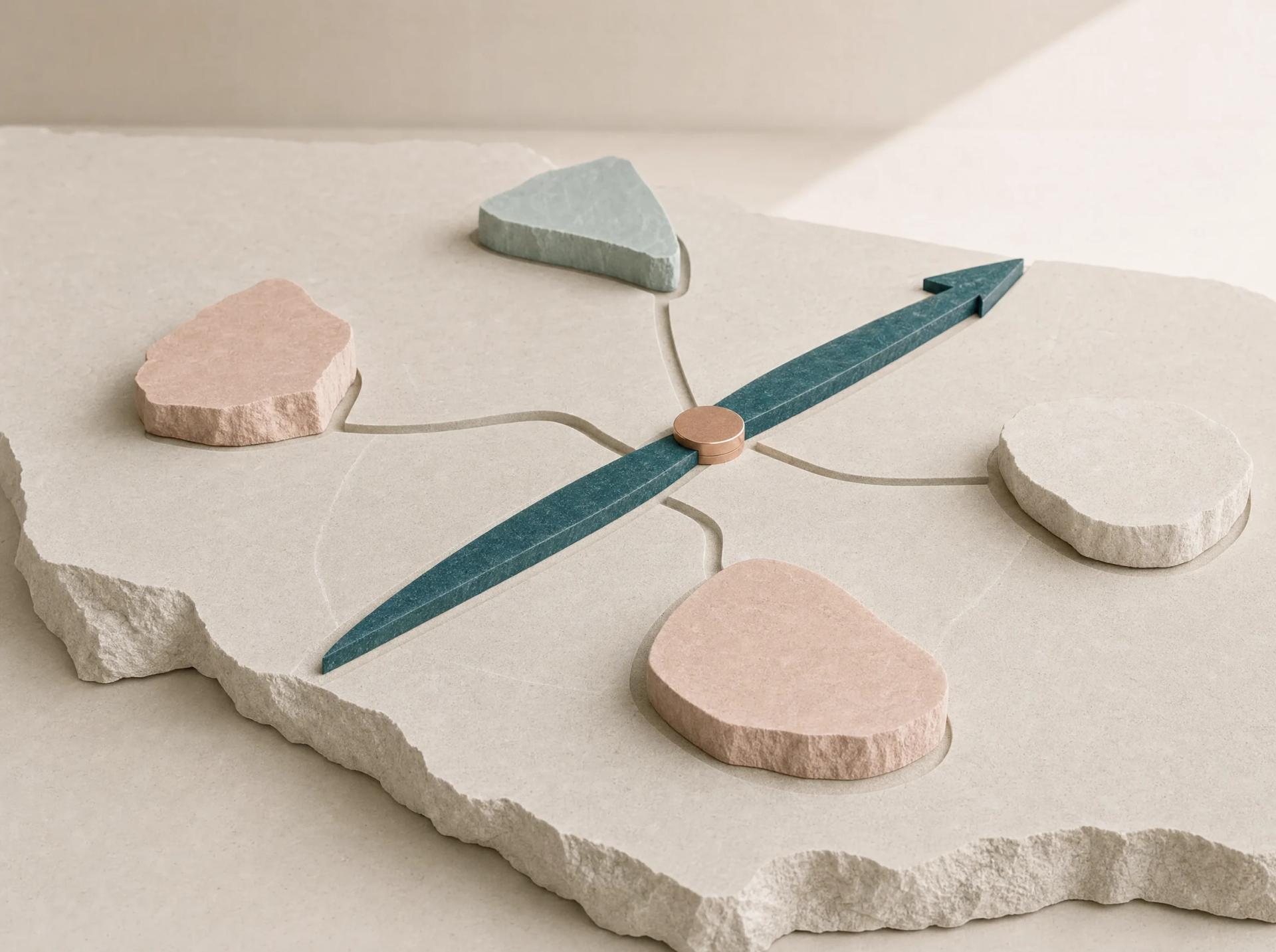 Several material routes crossing at a long teal decision marker on a rough cream landscape.