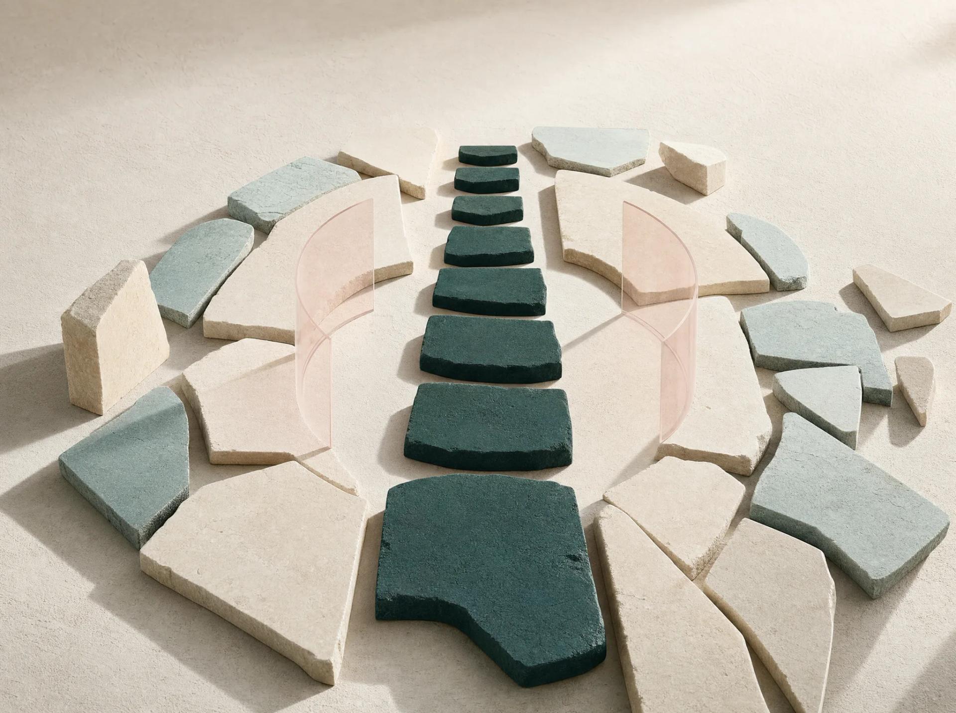 A dark teal path crossing a fragmented circular field toward a clear ecommerce route.
