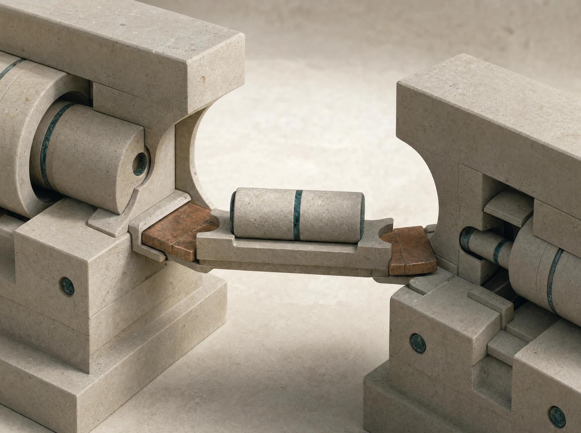 Two limestone mechanisms joined by a fitted cradle carrying one intact mineral core.