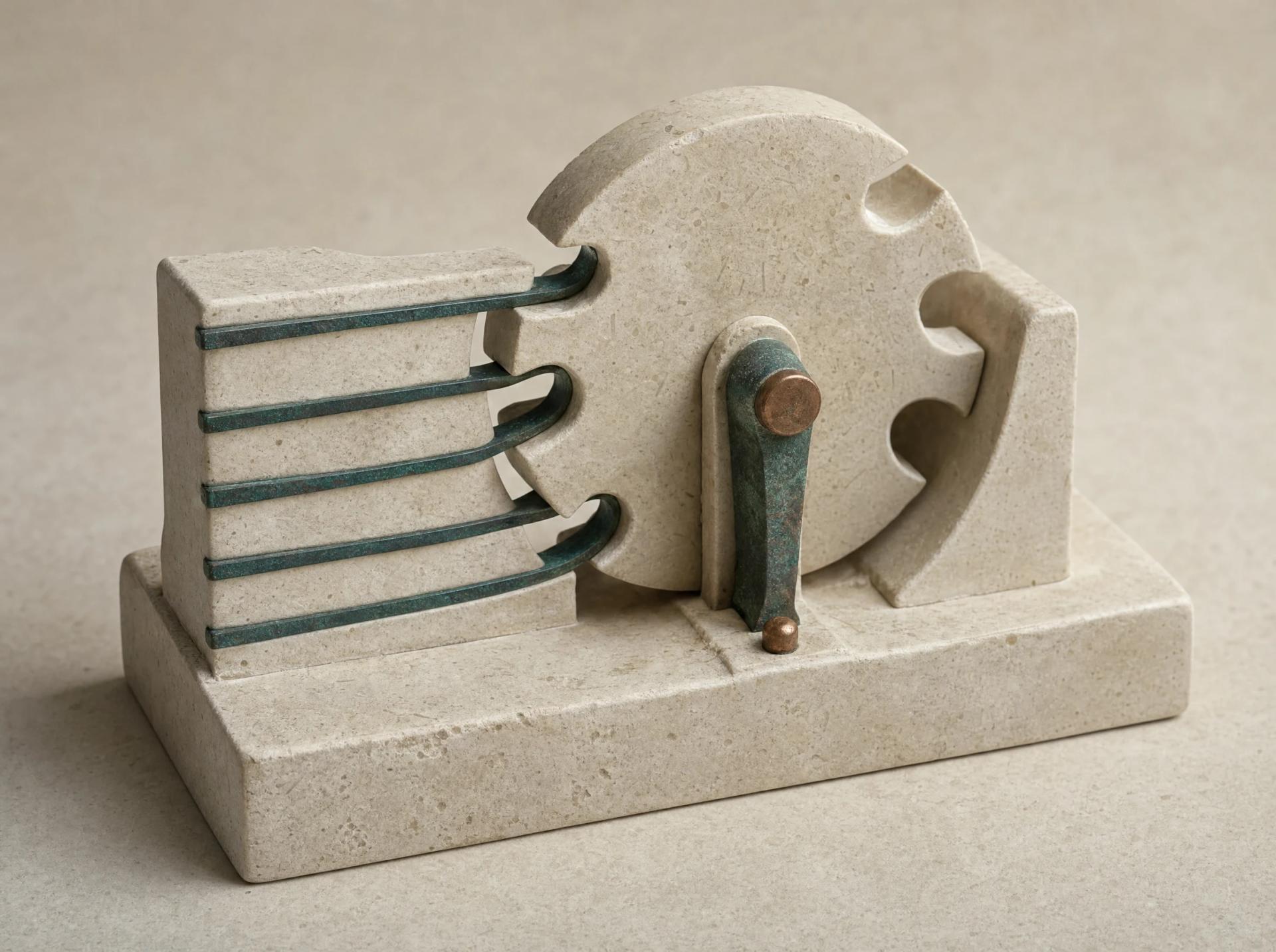 A grounded limestone flywheel with five mechanical detents and an anchored copper drive pin.
