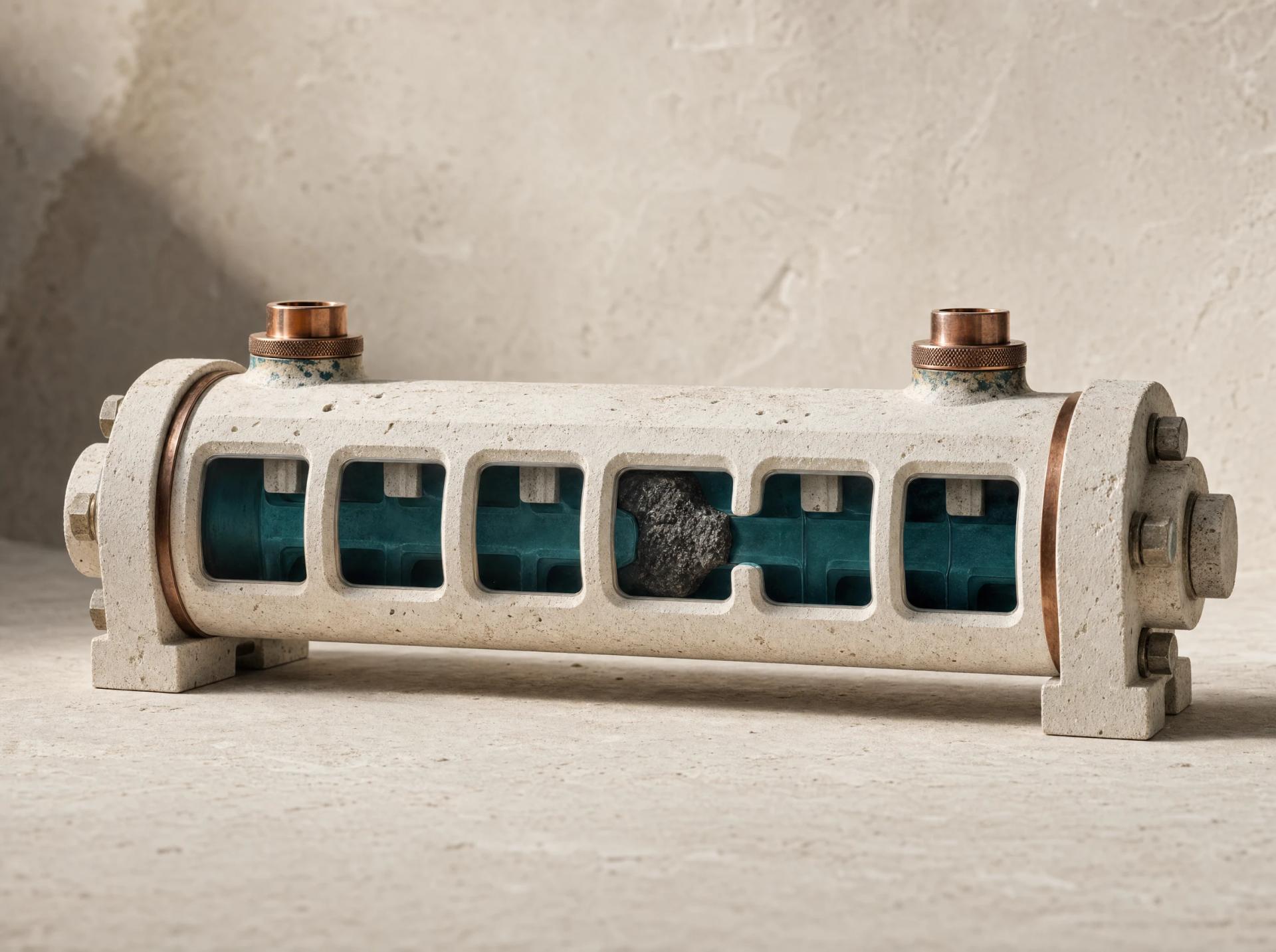 A limestone pressure chamber with six inspection windows revealing one hidden obstruction.