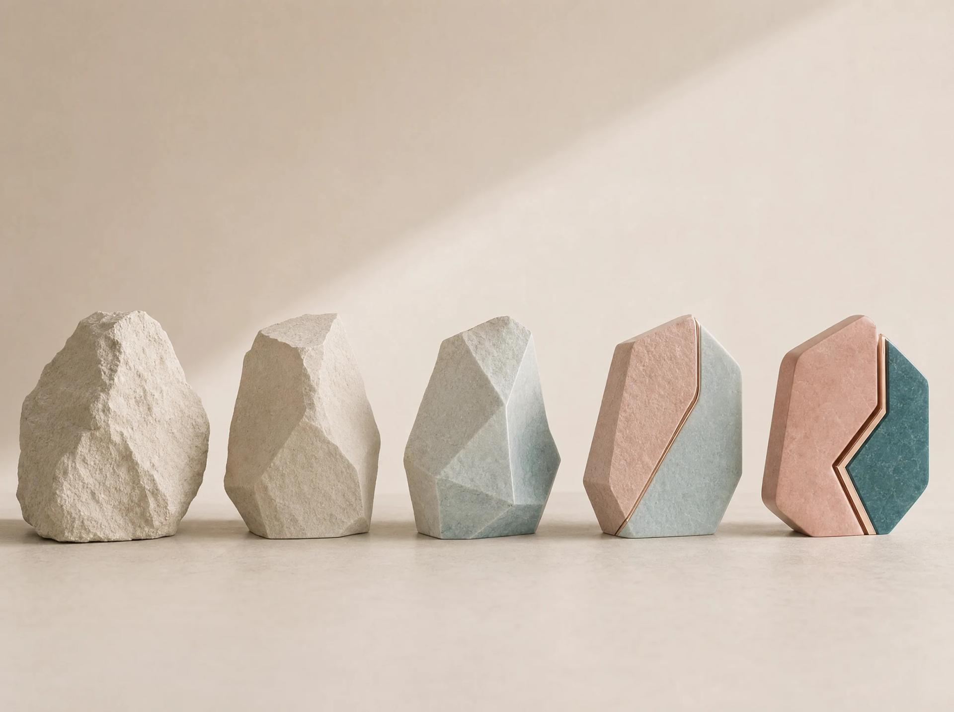 A sequence of seven forms progressing from raw pale stone to a distinctive teal-edged blush form.
