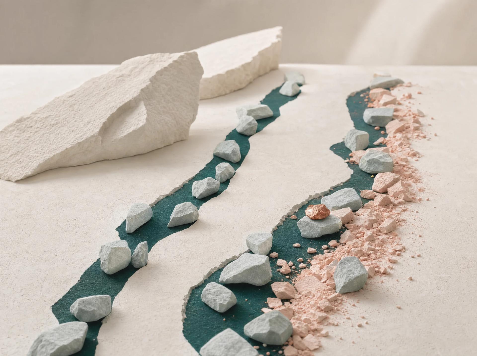Two teal channels cross one pale terrain; one meets blush disturbances, rocks and a copper intervention marker.