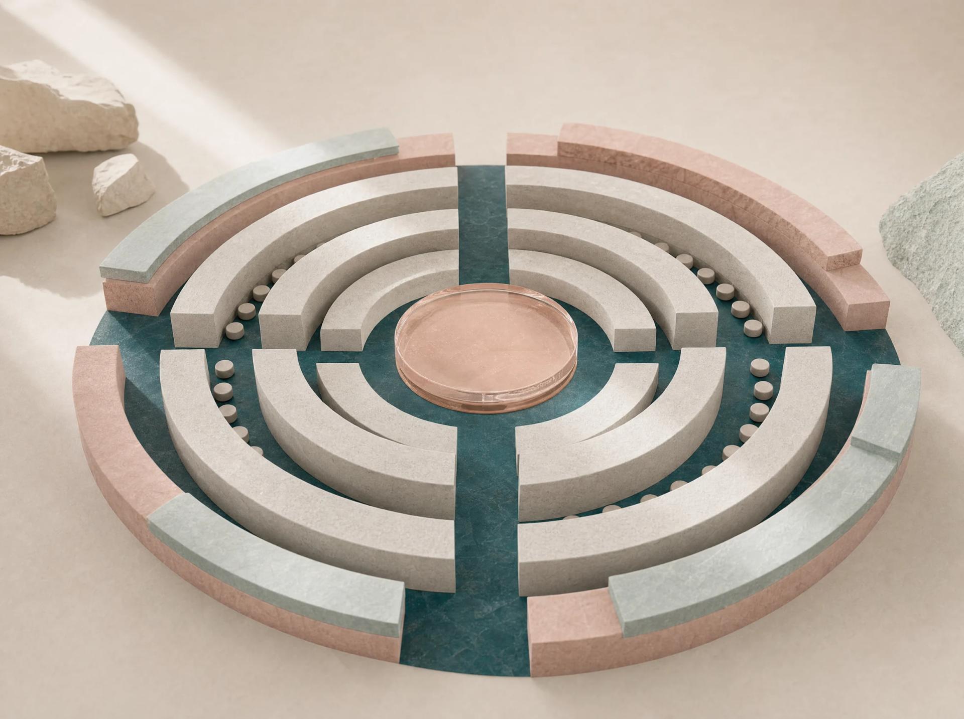 Concentric cream, blush, and teal event zones organised around one central gathering point.