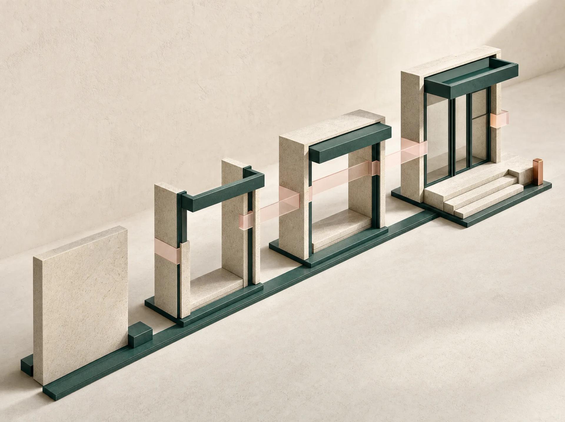 A sequence of teal-framed stations turning one pale block into an operational brand system.