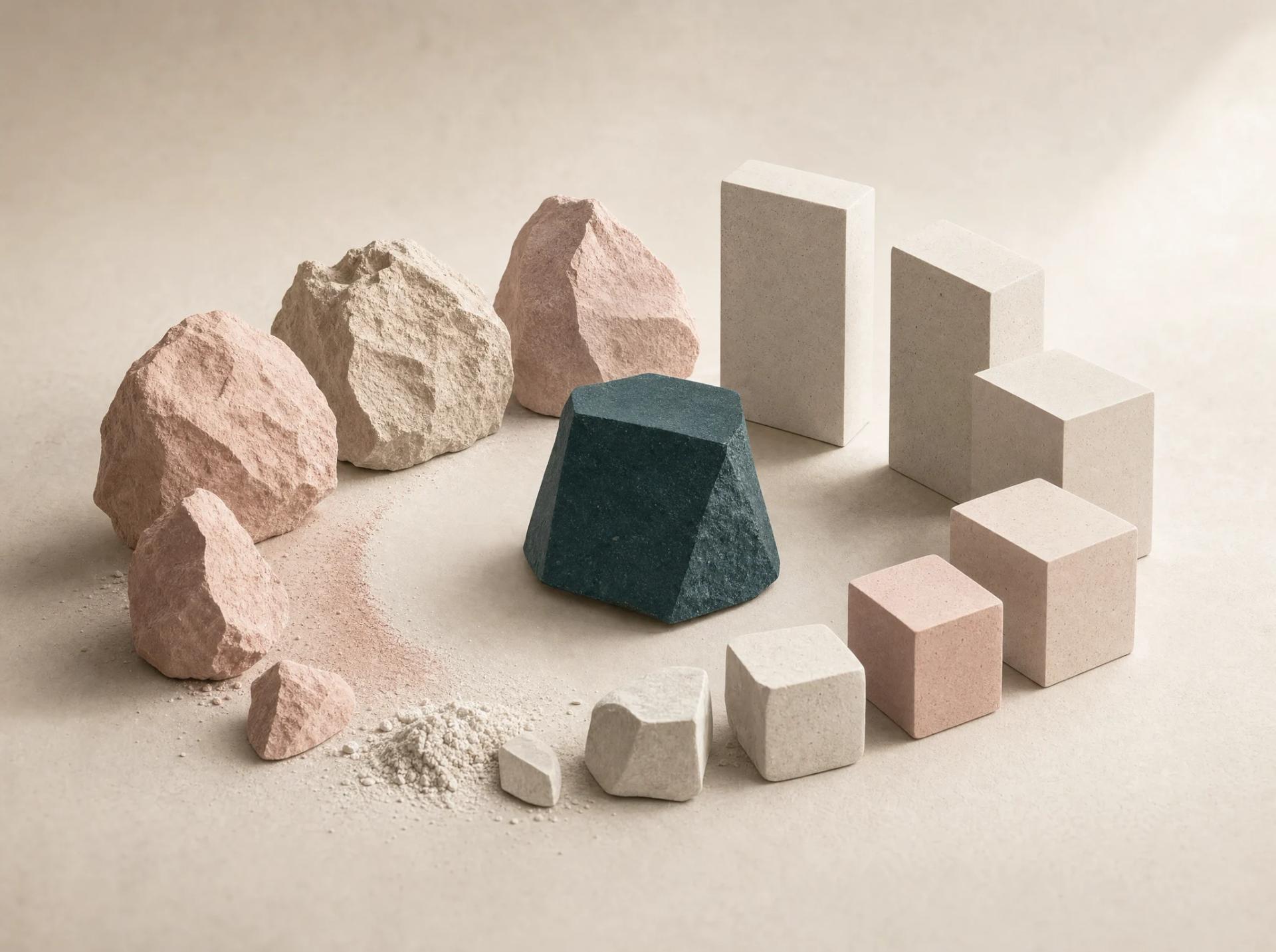 Raw mineral forms becoming ordered steps around a dark teal centre of practice.