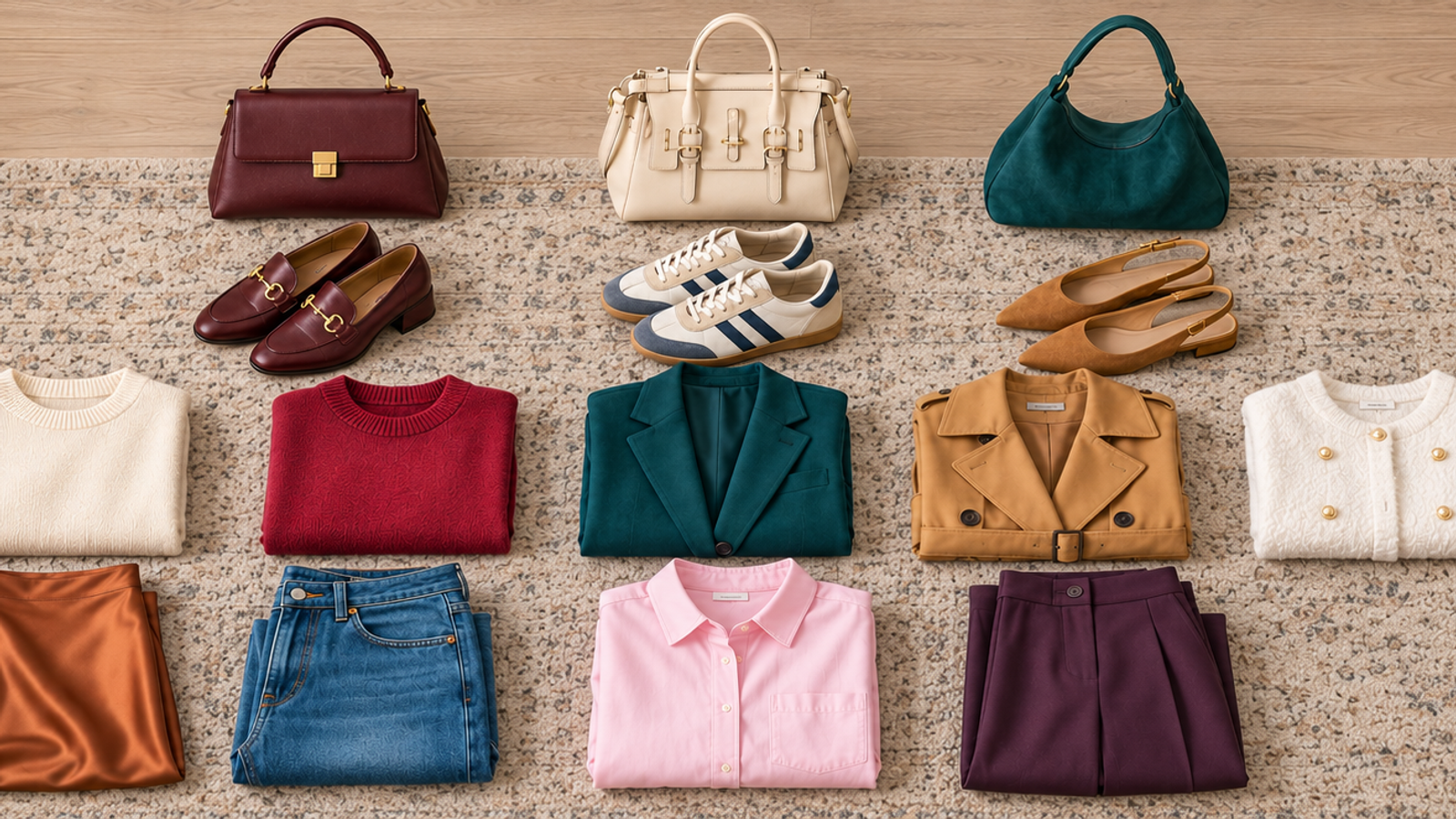 Halı üzerine dizilmiş sonbahar kapsül gardırobu: bordo ve krem çantalar, loafer ve spor ayakkabı, kazaklar, yeşil blazer, kamel trençkot, kot ve mor kumaş pantolon