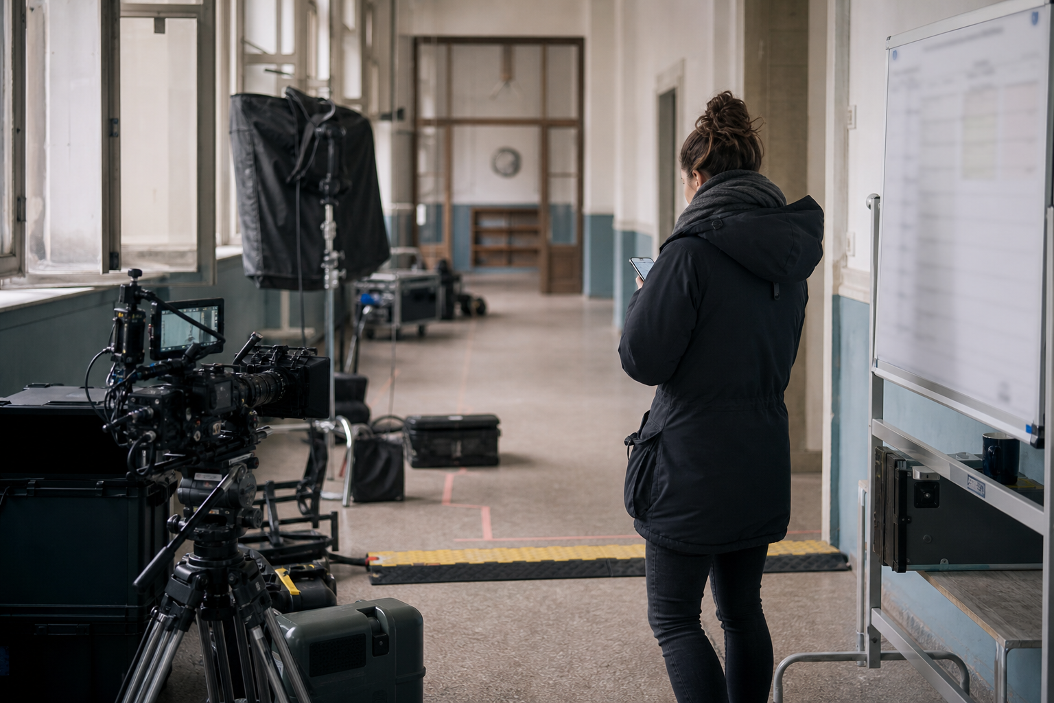 Pausiertes Filmset mit gesicherter Kamera und Produktionskoordination