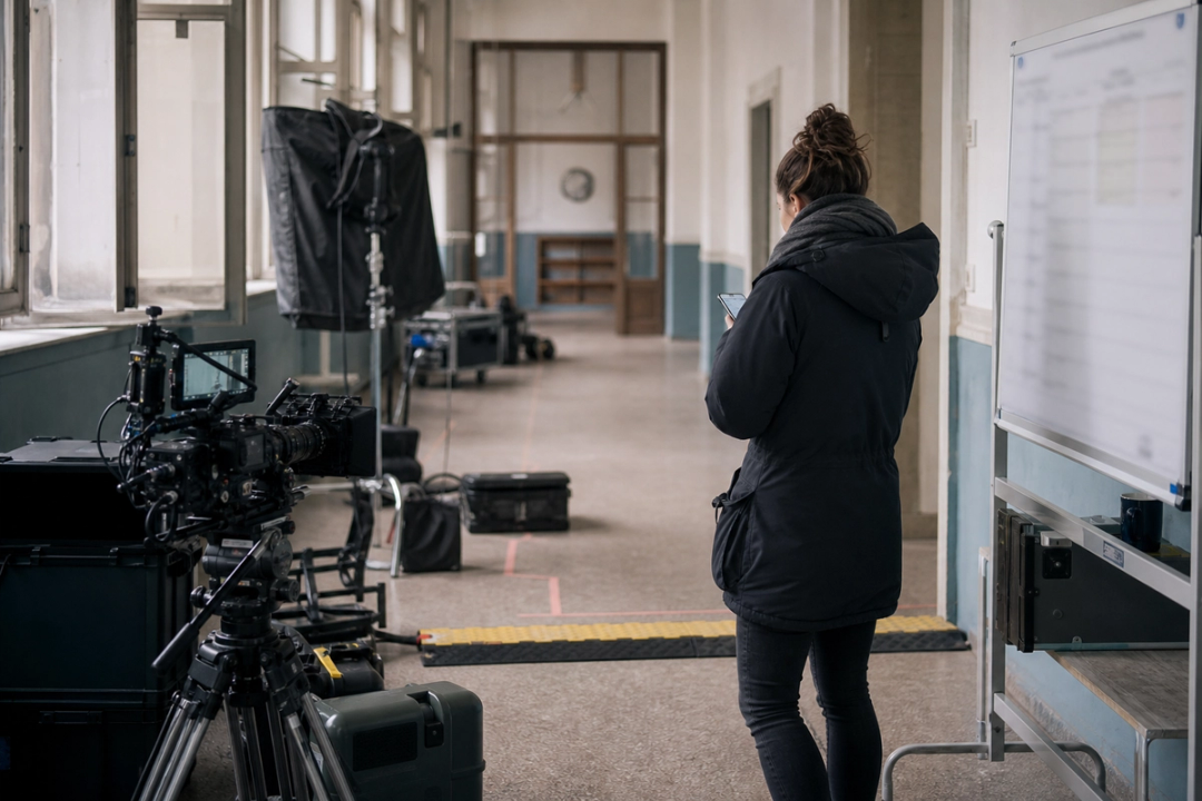 Pausiertes Filmset mit gesicherter Kamera und Produktionskoordination
