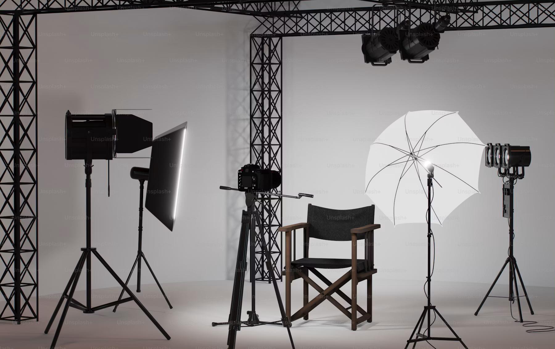 Photo studio with lighting equipment and chair