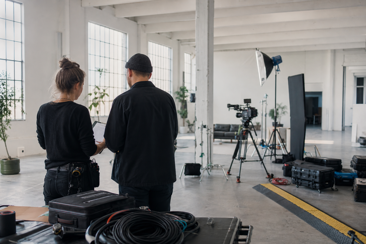 Filmcrew prüft Equipment und Produktionsunterlagen in einer vorbereiteten Industrielocation