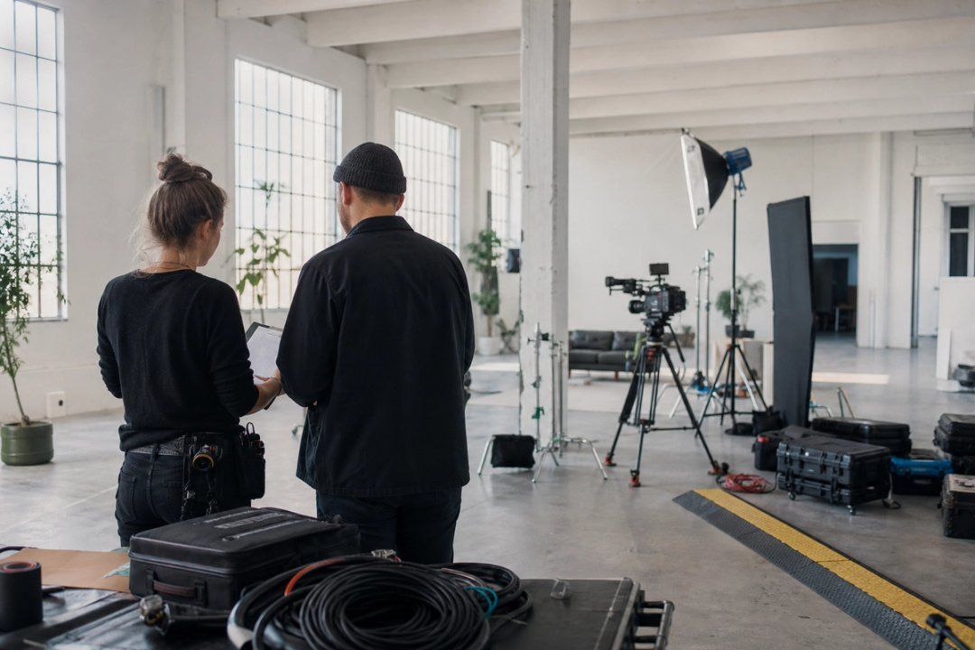 Filmcrew prüft Equipment und Produktionsunterlagen in einer vorbereiteten Industrielocation