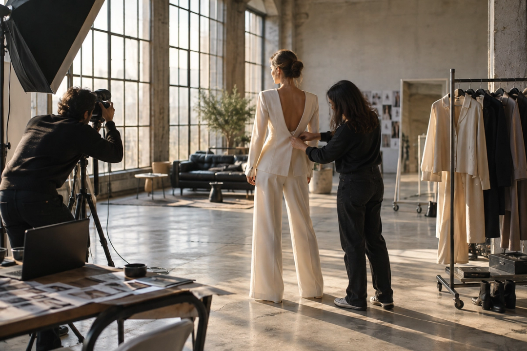 Fashion-Shooting in einem hellen Industrieatelier mit Model, Fotograf und Stylistin