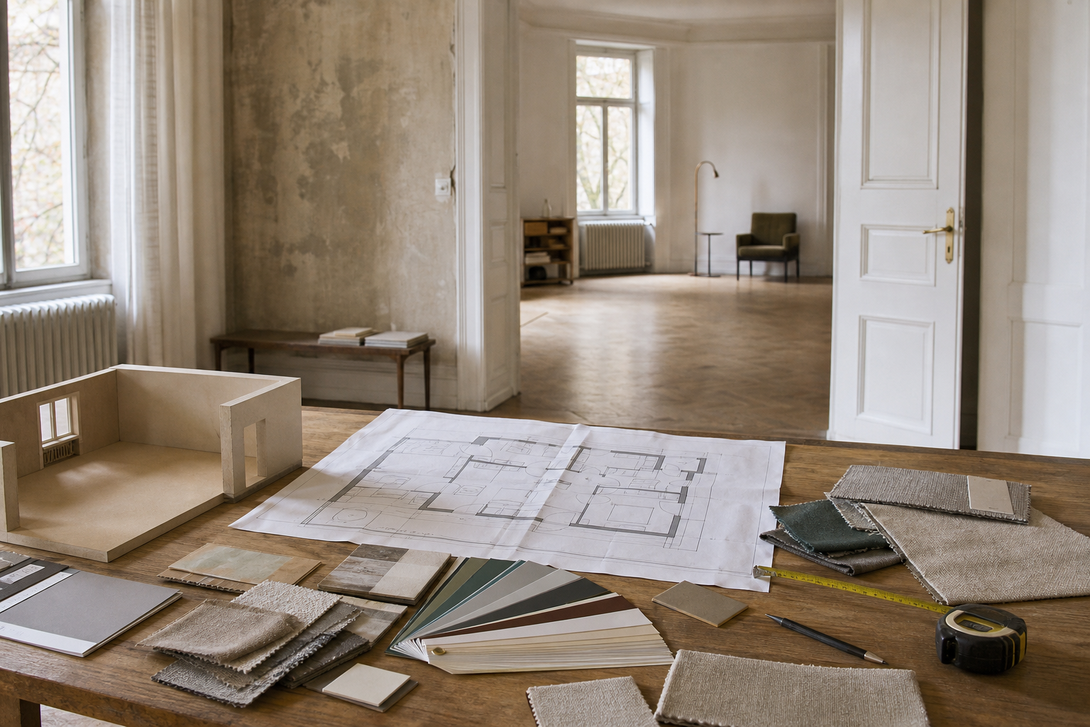 Szenenbildplanung mit Grundriss, Materialmustern und Raummodell in einer leeren Altbauwohnung