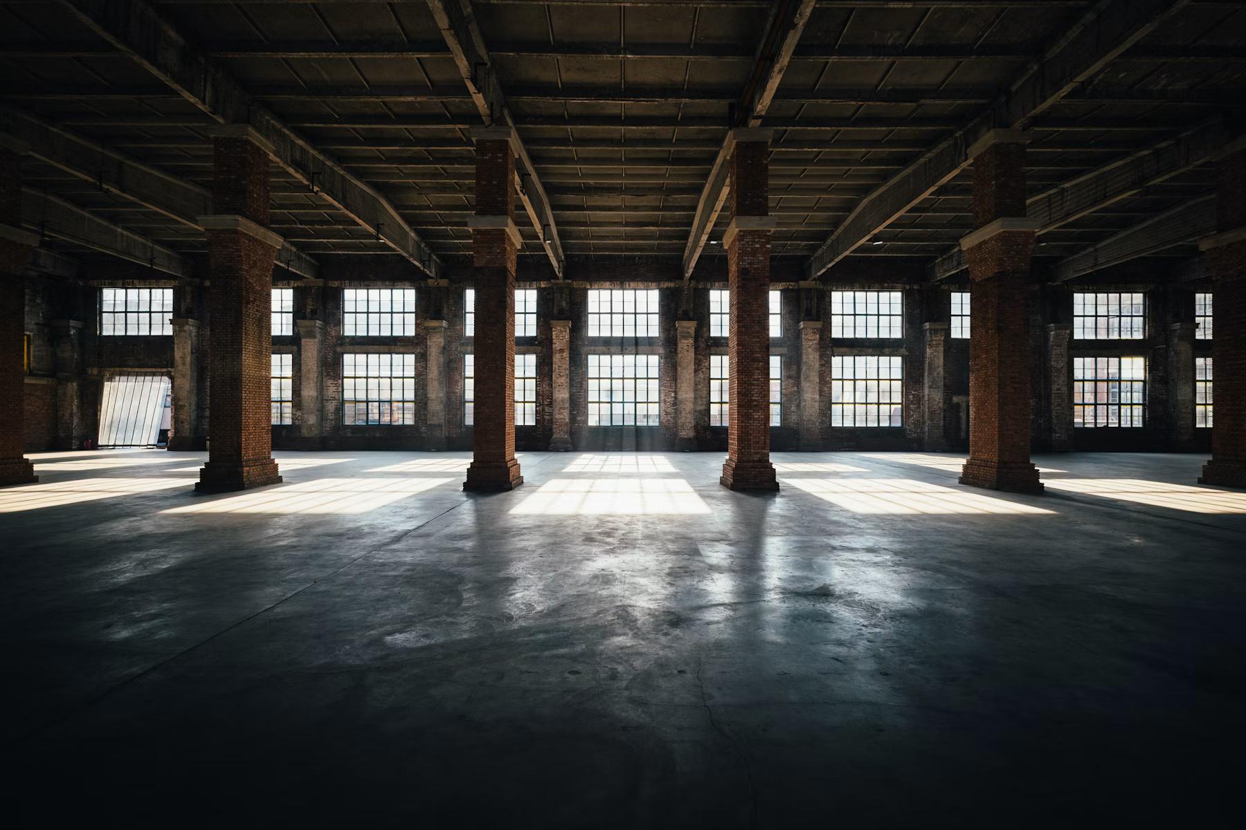 Sonnenlicht in einem leeren industriellen Loft
